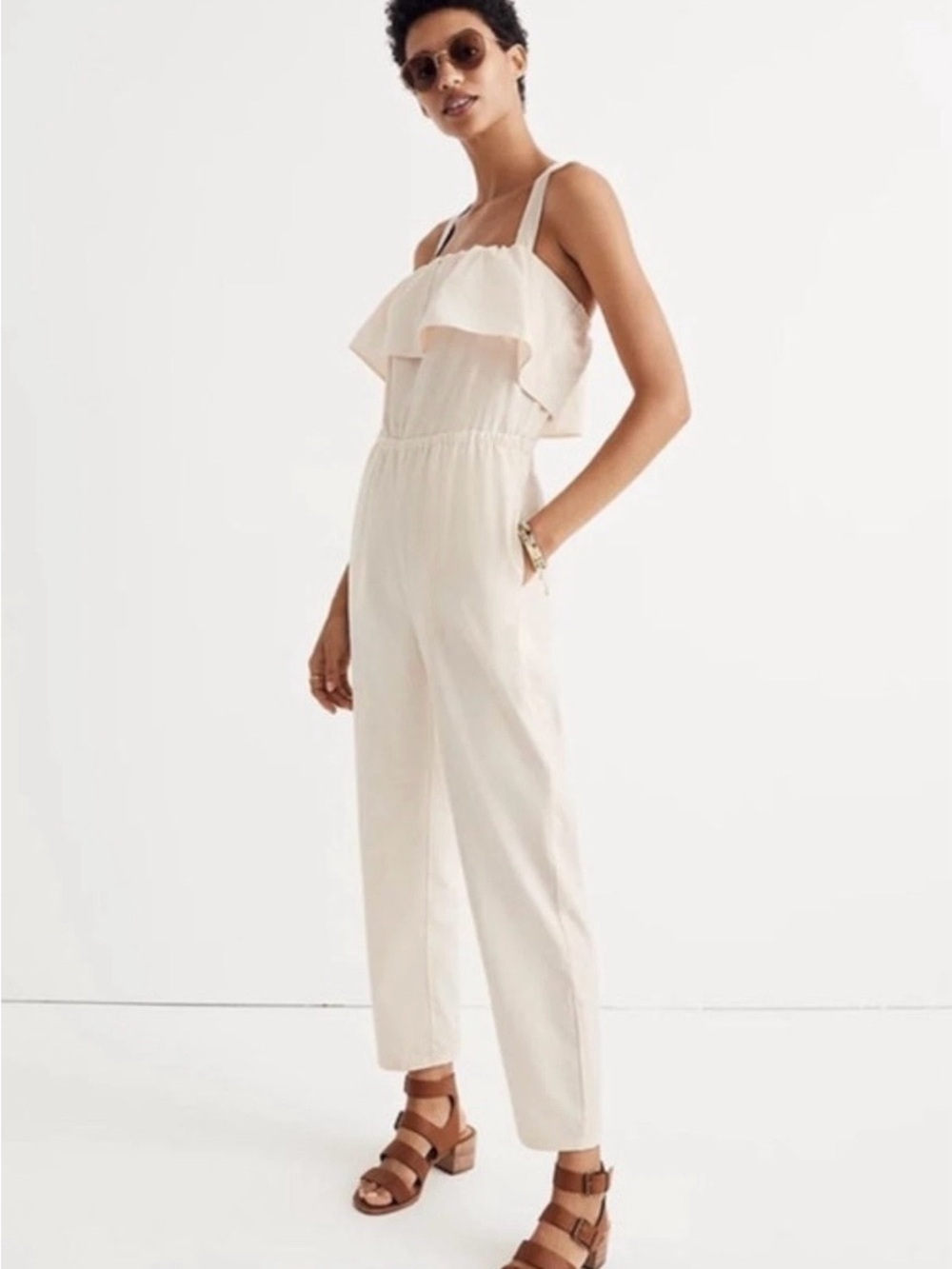 Madewell Cream Ruffle-Front Strap Jumpsuit